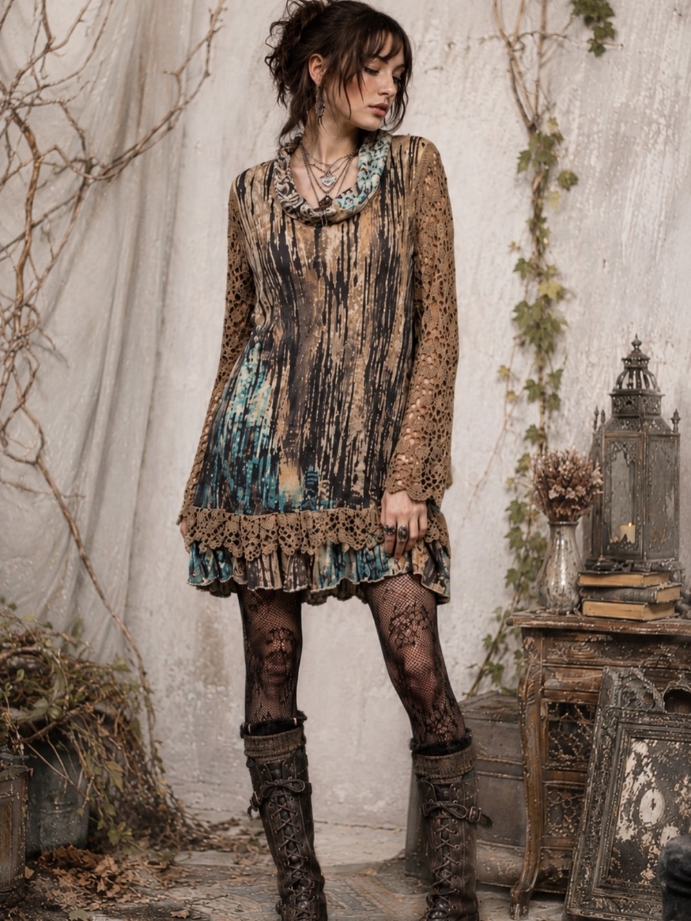 Christine Phillipe Whimsgoth Boho Tunic Dress Crochet Sleeves Fairycore